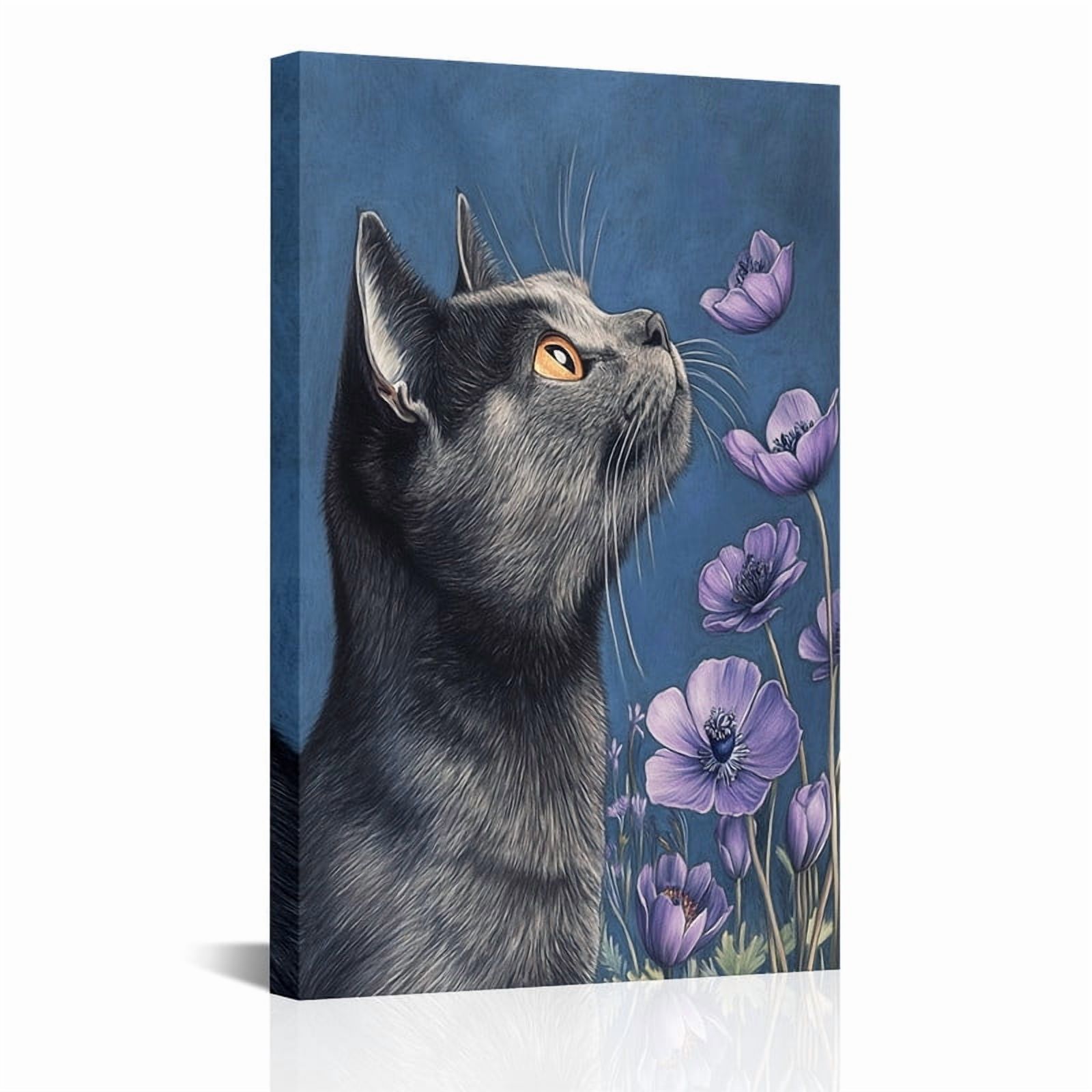 View of Purple Floral and Cat Canvas Wall Art Framed Modern Animal Print Home ...