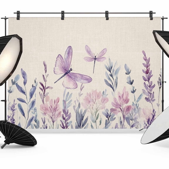 Purple Florals Backdrop for Photoshoot,Photography Photo Studio Background Wall Backdrop,Spring Butterflies Dragonfly Retro Beige Back Drop Banner Panel for Portraits Wedding Live Streaming 7x5Ft