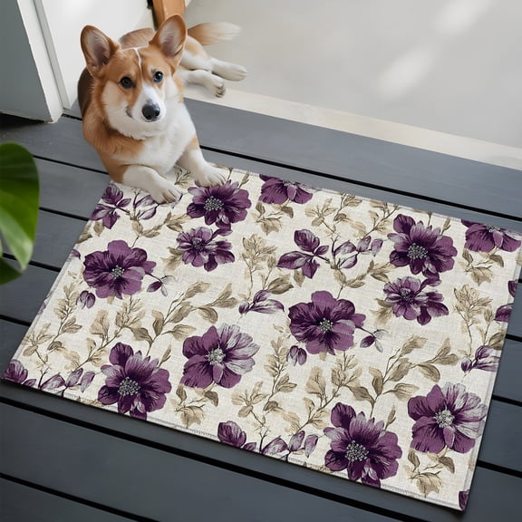 Purple Florals Bathroom Mat 2x3 FT,Non Slip Small Kitchen Mat,Farmhouse Botanical Peonies Vintage Leaves Washable Soft Backed Front Door Throw Rug Indoor Outdoor Doormat for Entryway Sink