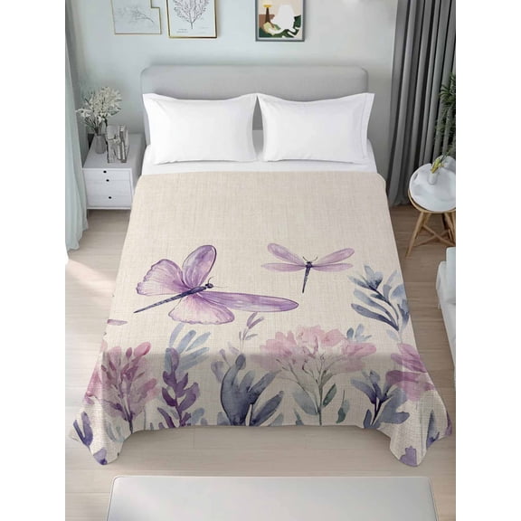 Purple Florals Full Size Flat Sheet, Wrinkleproof & Fadeproof Cooling Flat Bed Sheet Only, Spring Butterflies Dragonfly Retro Beige Breathable Soft Bedding Top Sheets 81 x 96 Inches