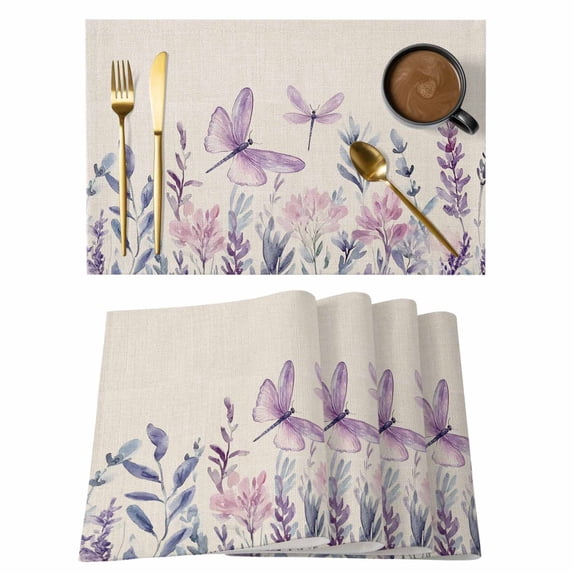 Purple Florals Placemats Set of 8 Spring Butterflies Dragonfly Retro Beige Place Mats Indoor Wipeable Table Mats Washable Cloth Dining Table Placemats for Kitchen Holiday Party Home Decor 13x19 Inch