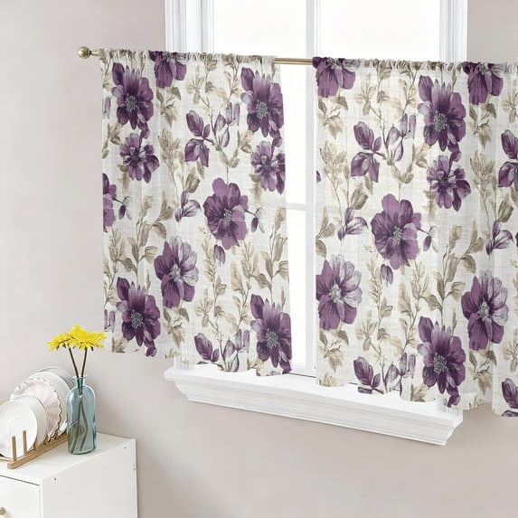 Purple Florals Semi Sheer Curtains 54 Inch Length 2 Panels Set, Farmhouse Botanical Peonies Vintage Leaves Sheer Kitchen Curtain Privacy Voile Window Curtain for Living Room Bedroom Rod Pocket Drapes