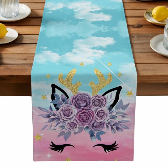 Purple Flower Antlers Table Runner, Pink Cloud Sky Ears Leaves Abstract Kitchen Table Runners Dress Scarves for Table Decorations Party/Restaurant/Indoor Outdoor Use, 13x90in