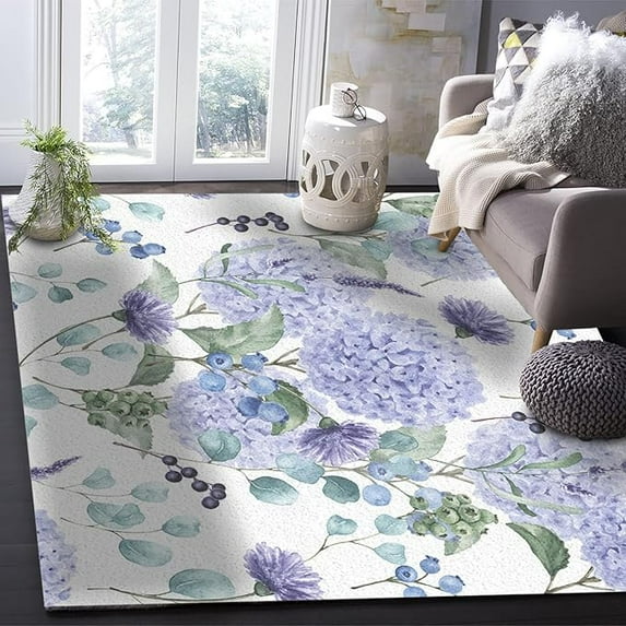Purple Flower Area Rug, Watercolor Floral Botanical Rugs Floor Carpet, Indoor Non-Slip Rug For Room Sofa Living Room Mat Bedroom Home Decor Floor Mats 4 x 5ft