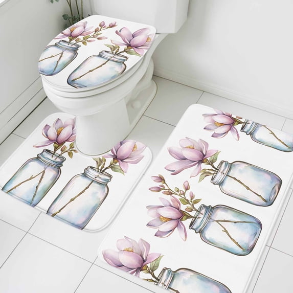 Purple Flower Bathroom Rugs Set Glass Bottle Floral Non Slip Absorbent Soft Bath Mats 3 Piece Set with Bathroom Rug, U-Shaped Floor Mat, Toilet Seat Cover Large Size