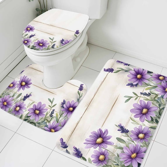 Purple Flower Bathroom Rugs Set Spring Vintage Floral Plant Retro Watercolor Farmhouse Non Slip Absorbent Bath Mats 3 Piece Set with Bathroom Rug, U-Shaped Floor Mat, Toilet Seat Cover Large Size