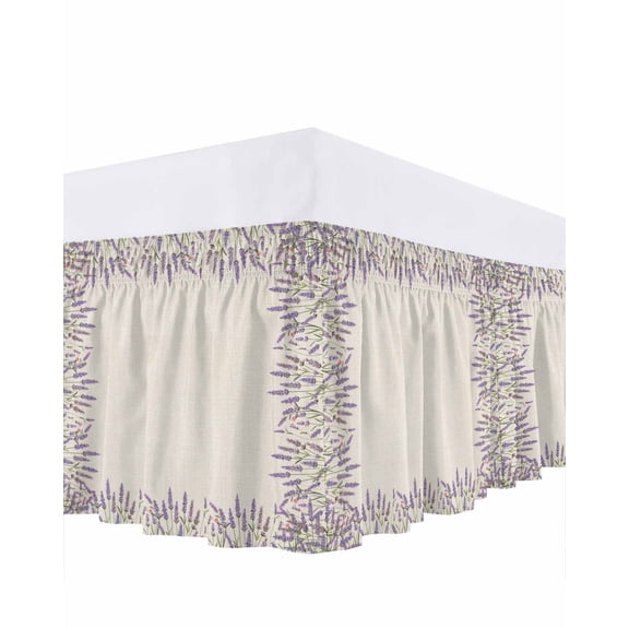 Purple Flower Bed Skirt California King Size 18 Inch Drop, Vintage Country Purple Lavender Botanical Linen Texture Adjustable Elastic Dust Ruffles Bedskirt Wrap Around Pleated Mattress Frame Cover