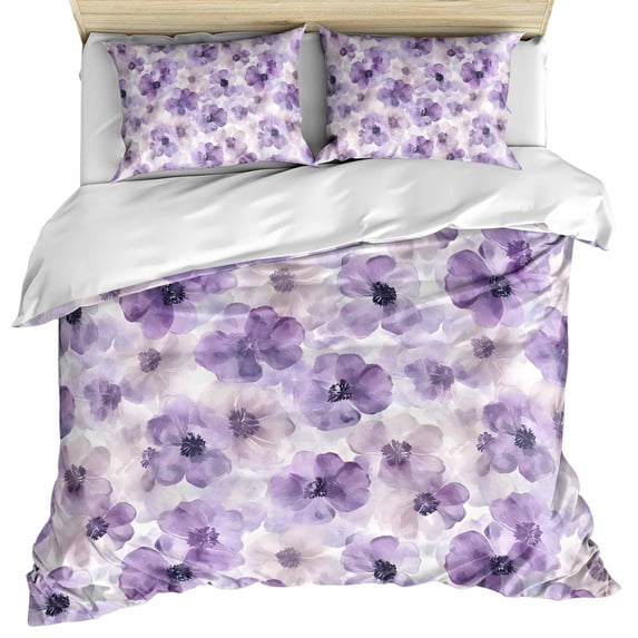 Purple Flower Bedding 3 Piece Duvet Cover Set Twin Size, Ombre Botanical Watercolor Floral Spring Soft Microfiber Comforter Cover with Zipper Closure & Pillowcases, FadeResistant Quilt Cover
