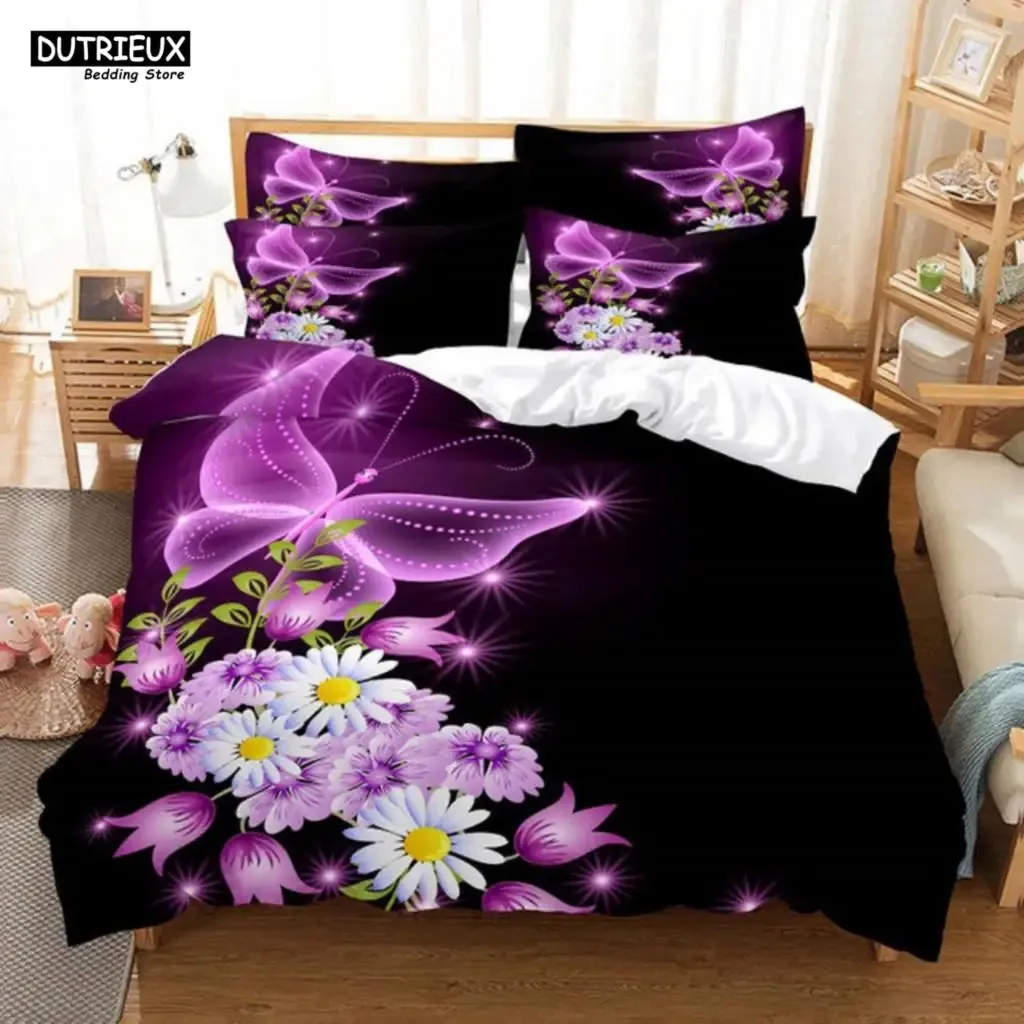Purple Flower Bedding Set Butterfly Bed Lin Double King Twin Full Wom