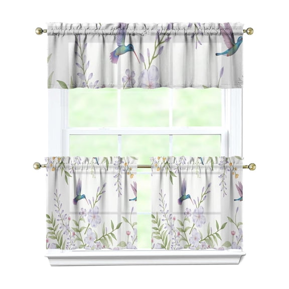 Purple Flower Bird 3-Piece Kitchen Curtains Set Kitchen Curtains Sets with Valance for Windows Rod Pocket Machine Washable Kitchen Decor(54"x18"+2x27.5"x24")