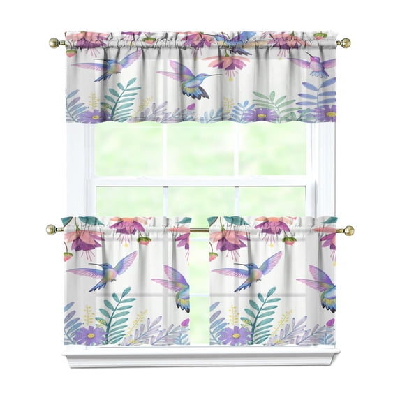 Purple Flower Bird 3-Piece Kitchen Curtains Set Kitchen Curtains Sets with Valance for Windows Rod Pocket Machine Washable Kitchen Decor Decorations (54"x18"+2x27.5"x24")