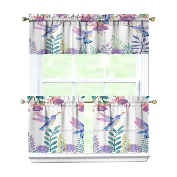 Purple Flower Bird Kitchen Curtains and Valances Set - 3 Piece Kitchen Curtains Sets with Valance for Windows Rod Pocket Machine Washable Kitchen Decor Decorations (54"x18"+2x27.5"x24")