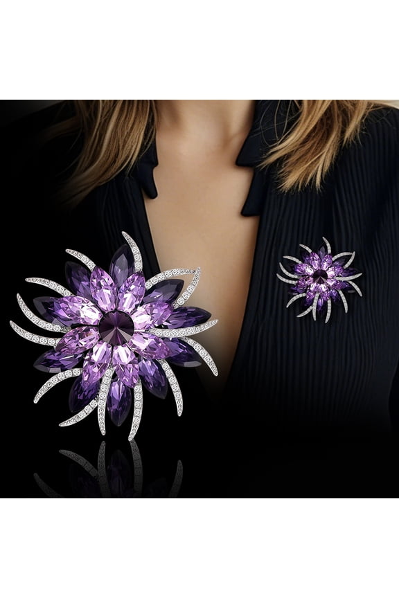 Purple Flower Brooch, Crystal Floral Lapel Pin, Alloy Zirconia, Shiny Wedding Gift, Elegant Dress Accessory, for Women