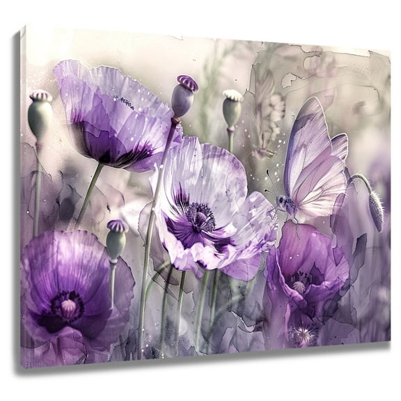 Purple Flower Butterfly Canvas Wall Art Gray Flower Wall Decor Rustic Watercolor Floral Wall Art for Living Room Office Bedroom with Framed Ready to Hang,16x12inch
