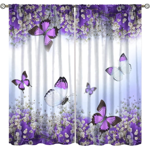 Purple Flower Butterfly Curtains,Spring Botanical Floral Fantasy Nature Landscape Printed Curtains for Bedroom Living Room Kitchen Drapes 42x63in