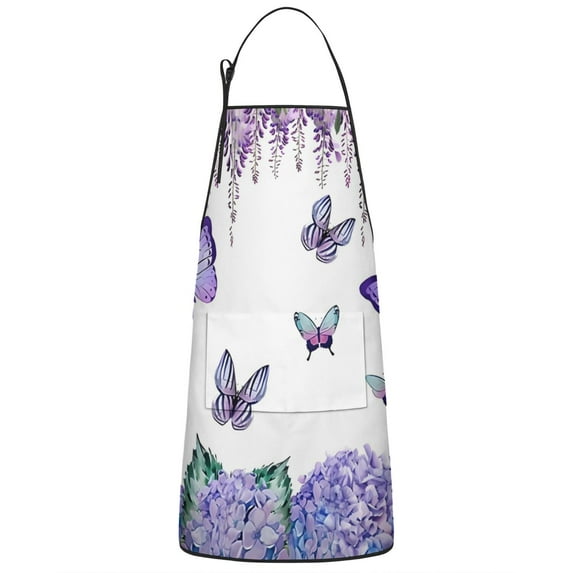 Purple Flower Butterfly Pattern Apron-Garden Aprons for Women with Pockets-Cotton Linen Waterproof Kitchen Cooking Gardening Aprons Adjustable for Kitchen,Cooking,BBQ and Salon 33x27 Inch
