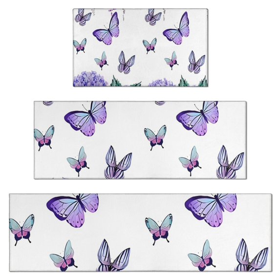 Purple Flower Butterfly Pattern Kitchen Rugs Sets Of 3,Kitchen Runner Rugs Non Skid Washable,Decorative Kitchen Floor Mats for Kitchen,Sink,Laundry,17"x30"+ 17"x47" + 17"x59"