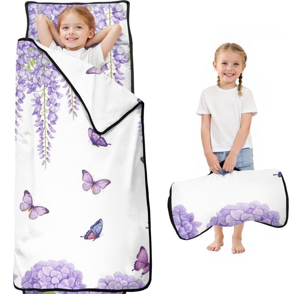 Purple Flower Butterfly Pattern Teens Toddler Nap Mat with Pillow, Sleeping Mat Bag for Preschool Daycare 60"x20"