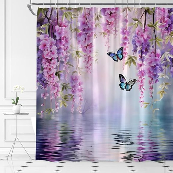Purple Flower Butterfly Shower Curtain Wisteria Floral Watercolor Plant Fantasy Nature Garden Bathroom Curtains With Hooks 36"W x 72"L