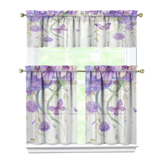 Purple Flower Butterfly1(1) Kitchen Curtain Valance 3 Piece Home Curtains and Valance Set Curtain Sink Window Decor Window Treatment Tier 27.5x36 Length