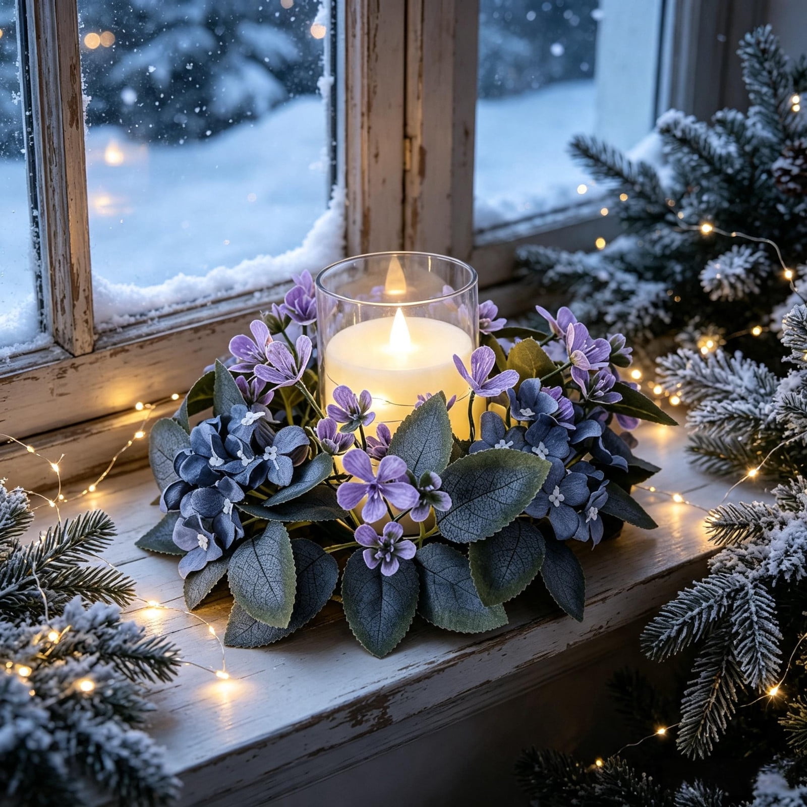Spring Table Centerpies Purple Flower Candle Ring Artificial Leaves Wreaths Boho Pillar Candle ...