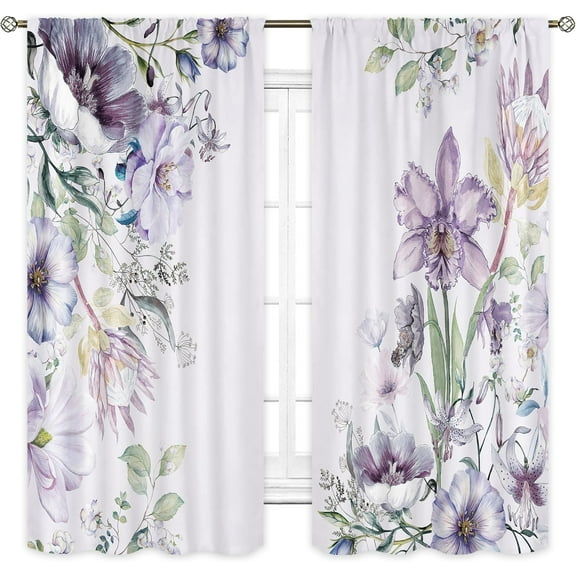 Purple Flower Curtains for Women Bedroom 42Wx63H Inch Rod Pocket Elegant Floral Spring Blossom Country Rustic Vintage Watercolor Wildflower Plant Living Room Window Drapes Fabric 2 Panels