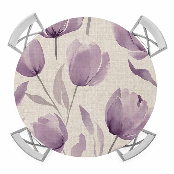 Purple Flower Elastic Fitted Round Table Cover Purple Theme Waterproof Outdoor Tablecloth for Holiday Party, Picnic, Patio & Dining Fits Tables Up to 36"-44"