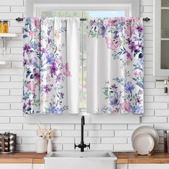 Purple Flower Floral Kitchen Curtains - Small Short Cafe Natural Curtains Decor for Dining Room Country Tier Curtains Rustic Rod Pocket Window Drapes 24 Inch Length 2 Panels Set