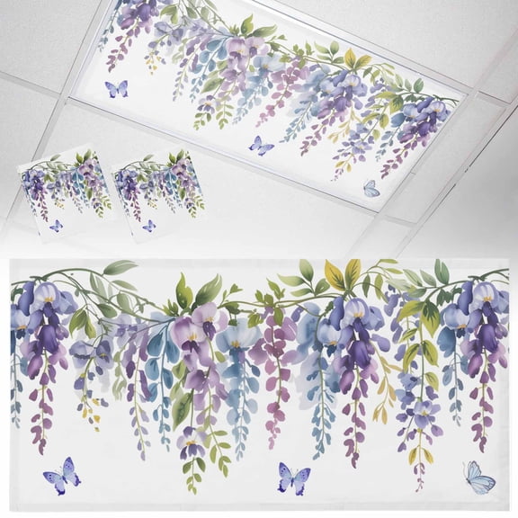 Purple Flower Fluorescent Light Covers Vintage Watercolor Purple Wisteria Floral Butterfly Magnetic Light Filters Ceiling Lighting Panel Shade for Classroom Office Home 2 x 4 ft, 2 Pack