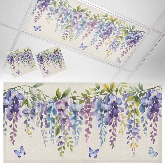 Purple Flower Fluorescent Light Covers Watercolor Purple Wisteria Floral Butterfly Vintage Linen Texture Magnetic Light Filters Ceiling Lighting Panel Shade for Classroom Office Home 2 x 4 ft, 2 Pack