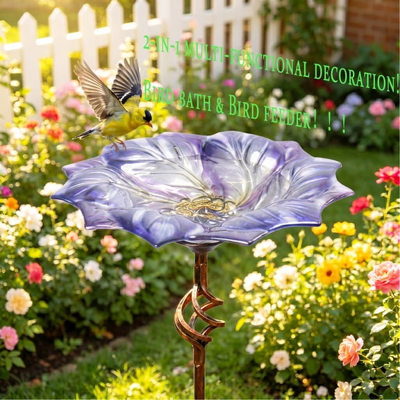 Purple Flower Glass Bird Bath & Bird Feeder Stake, 2-in-1 Outdoor Standing Bird Water Bowl & Seed Tray,Outdoor Bird Bath