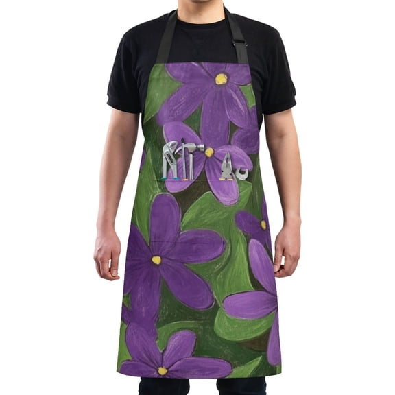 Purple Flower Gouache Painting Chef Kitchen Apron with Pockets for Women Waterproof Aprons for Cooking Baking