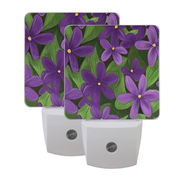 Purple Flower Gouache Painting LED Night Light with Smart Sensor Plug Into Wall Dusk to Dawn 2 packs