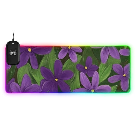 Purple Flower Gouache Painting Wireless Charging RGB Gaming Mouse Pad Large Keyboard Mat Rubber Base 13 Light Modes