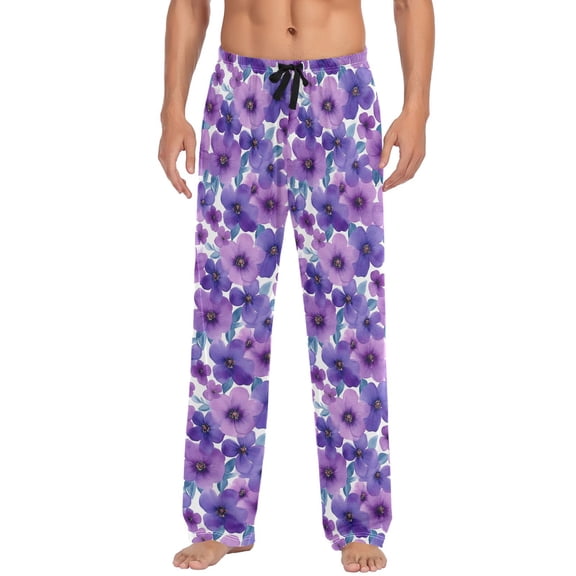 Purple Flower Hand Painted Watercolor Mens Pajama Pant Sleep and Lounge Bottons with Pockets