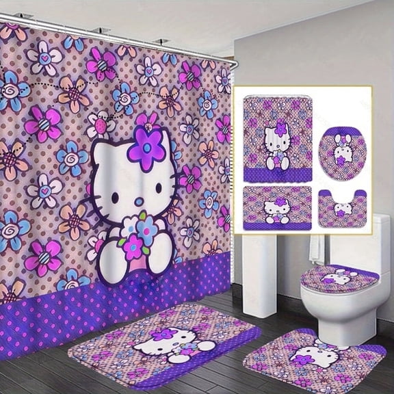 Purple Flower Hello Kitty Theme Bathroom Shower Curtain Set Includes 72x72-inch shower curtain, U-shaped toilet seat cover, non-slip bath mat, and 12 hooks