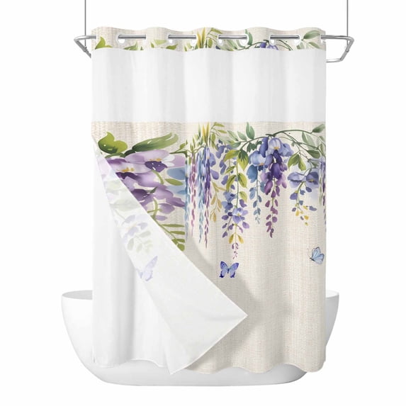 Purple Flower No Hooks Shower Curtain with Snap-in Liner Watercolor Purple Wisteria Floral Butterfly Vintage Linen Texture Shower Curtains for Bathroom, Waterproof, Easy Install, Washable 72"x96"