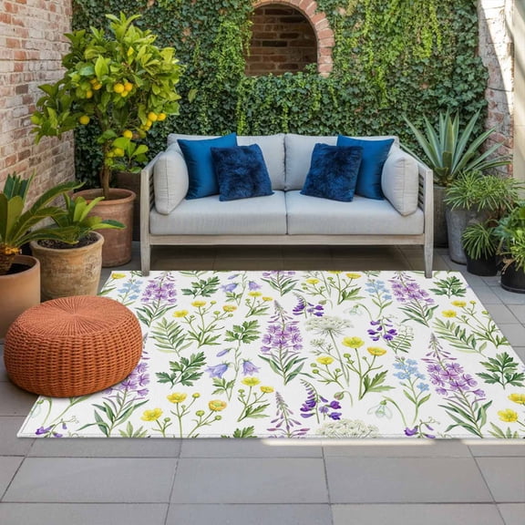 Purple Flower Indoor Outdoor Rugs 4x6 Ft, Blue Yellow Floral Daisy Green Field Grass Country Outdoor Patio Rugs Mat Washable Outside Area Rugs Carpet for Porch Deck RV Camping Pool Balcony Backyard