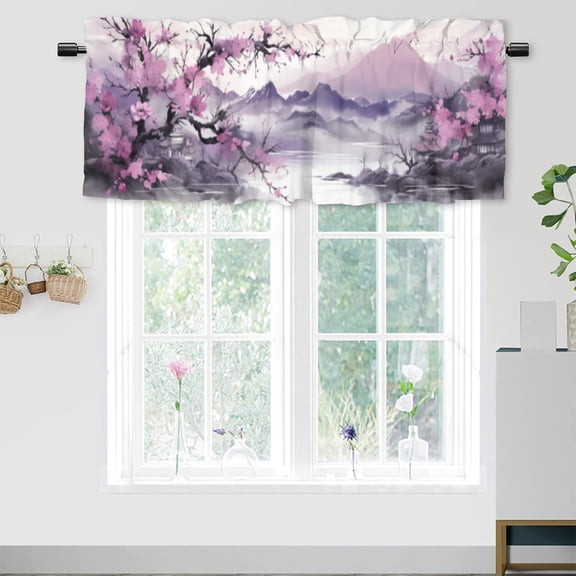 Purple Flower Kitchen Curtain Valances Japanese Cherry Blossom Plum Blossom Asian Traditional Decor Window Treatment for Living Room Bedroom Bathroom