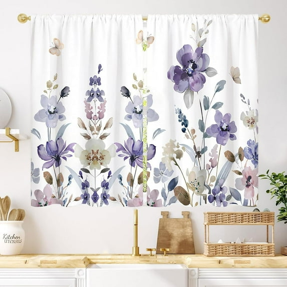 Purple Flower Kitchen Curtains 27.5W X 39L Inch 2 Panels Abstract Watercolor Lilac Tulip Floral Small Cafe Tier Window Treatment Light Pink Leaves Wildflower Short Drapes Bathroom Home Decor