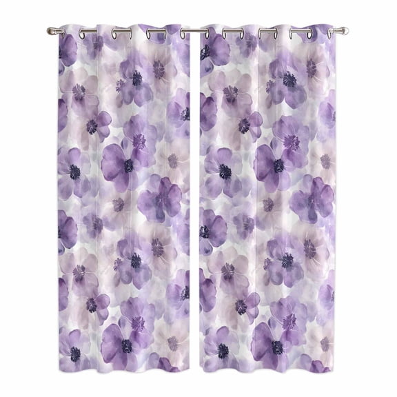 Purple Flower Kitchen Curtains 84 Inch Length, Ombre Botanical Watercolor Floral Spring Grommet Top Bedroom Living Room Curtains, Light Filtering Cafe Curtain Drapes 2 Panels Set 84''x84''