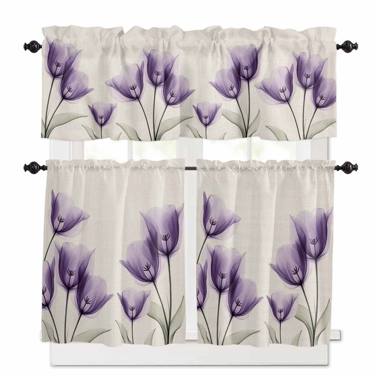 Purple Flower Kitchen Curtains Set for Windows 3 Pieces,36 Inch Length ...