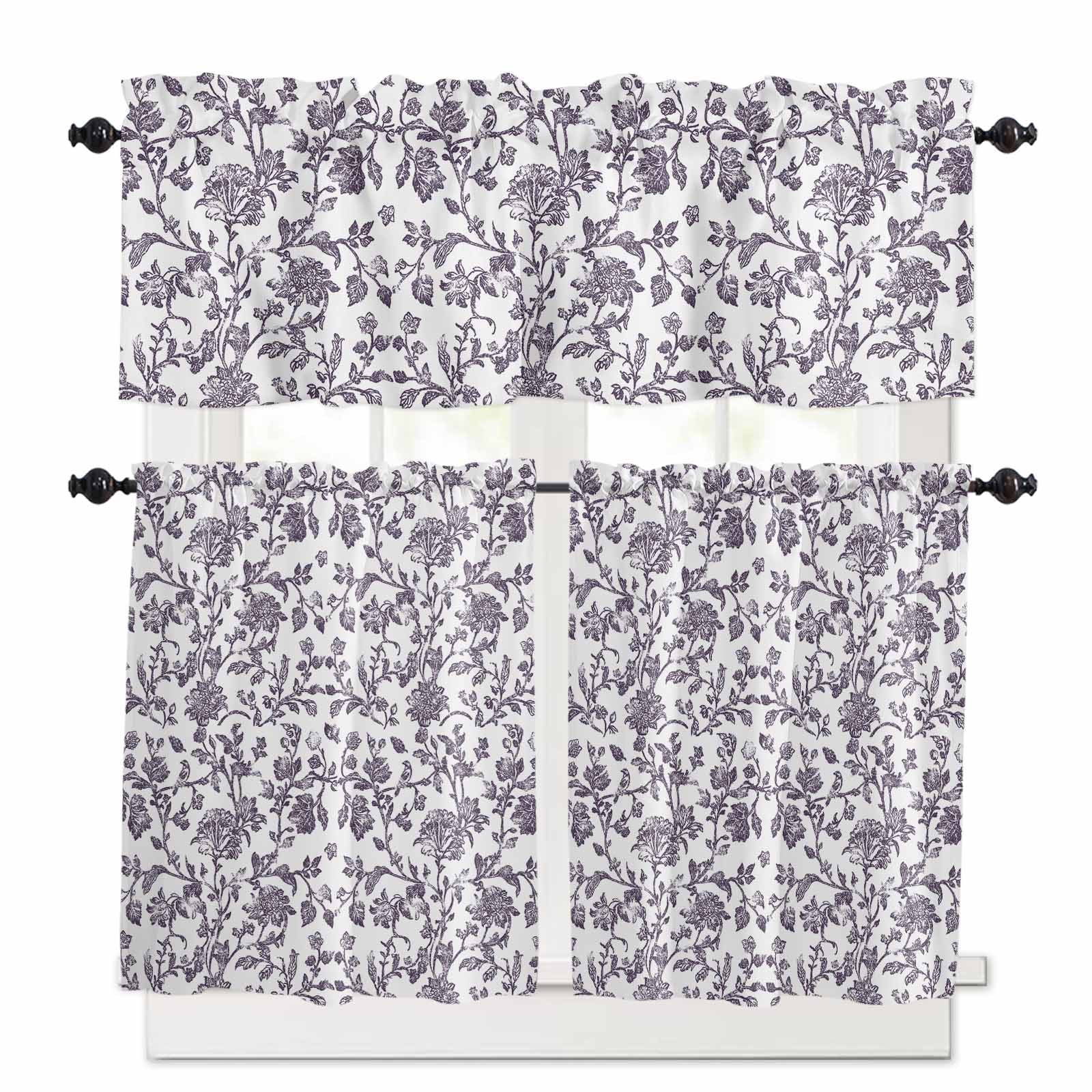 Purple Flower Kitchen Curtains Set for Windows 3 Pieces,36 Inch Length ...