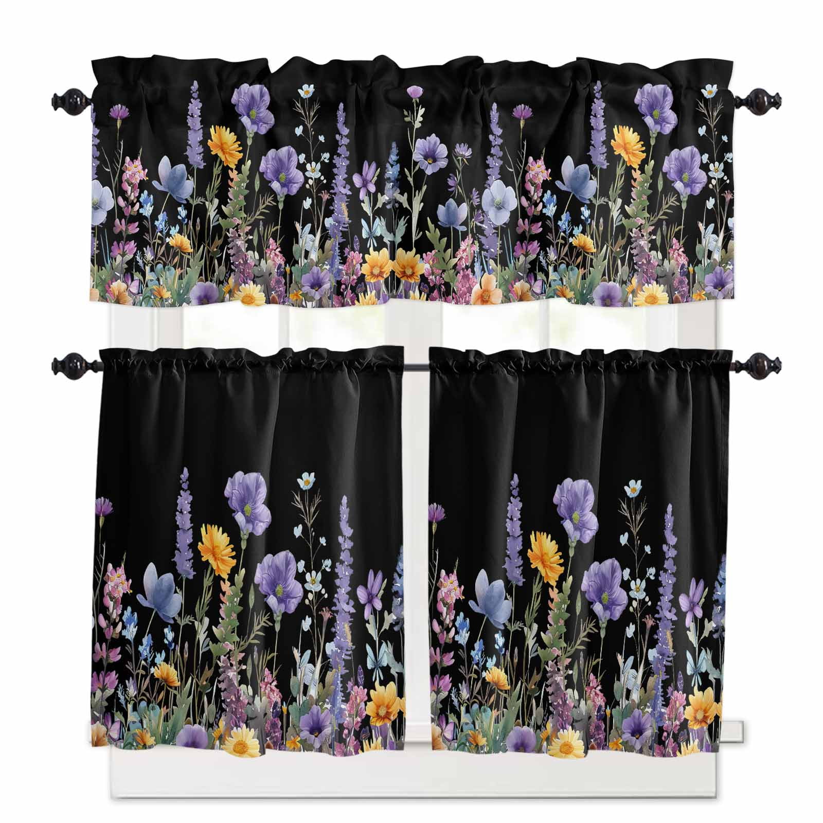 Purple Flower Kitchen Curtains and Valances Set, 3 Piece Kitchen ...