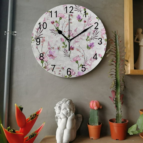 Purple Flower Kitchen Wall Clock, Silent Non Ticking 10 Inch Wall Clocks Battery Operated, Modern Coastal Style Clock Decor for Living Room, Home, Bedroom, Bathroom
