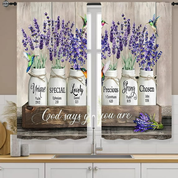 Purple Flower Lavender Kitchen Curtain Farmhouse Vintage Country Rustic Wood Barn Inspirational Small Short Tier Cafe Curtain Quote Bathroom Window Treatment Drapes Decor(27.5W X 39L 2 Panel)
