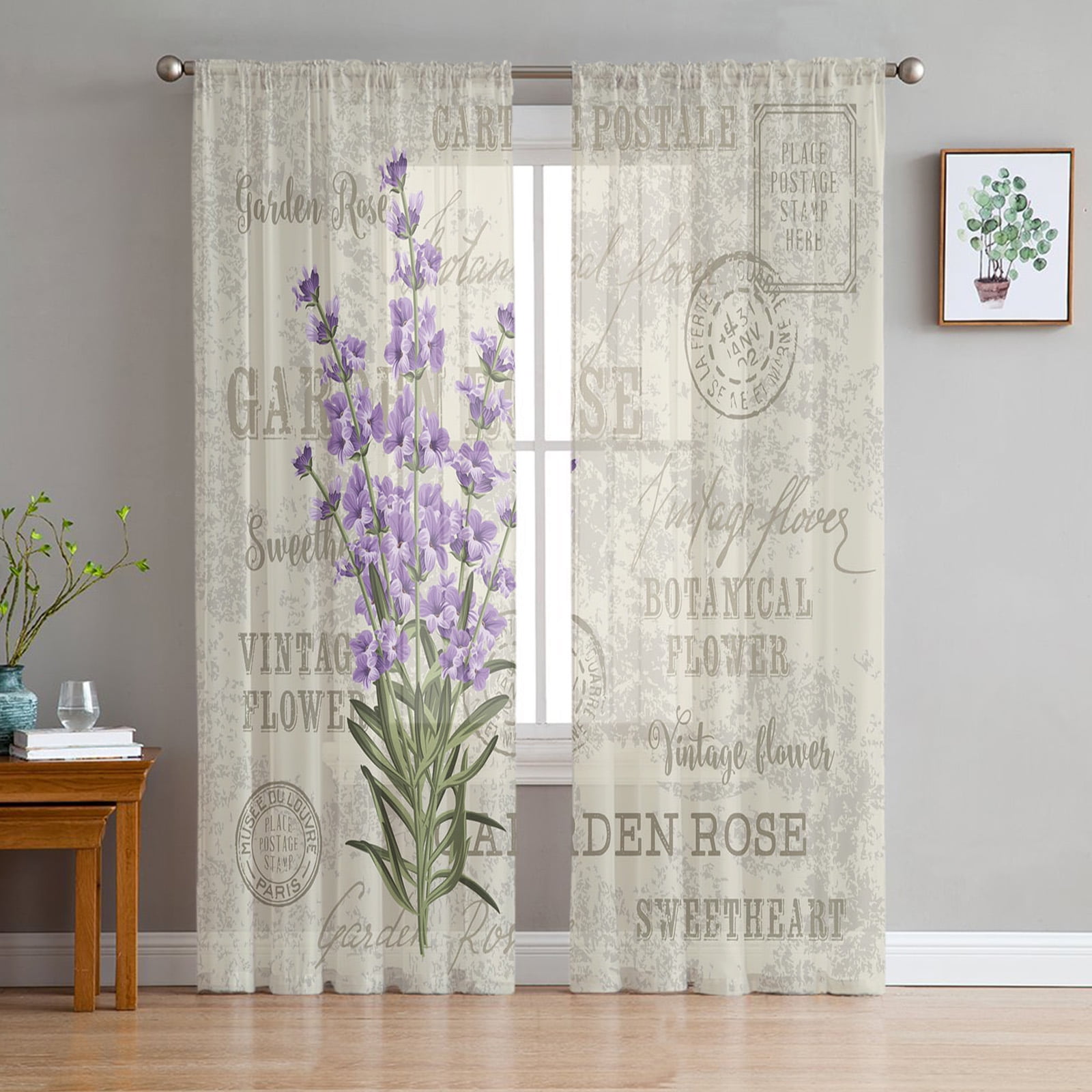 Purple Flower Lavender Romance Tulle Curtains for Living Room ration Modern Chiffon Sheer Voile ...