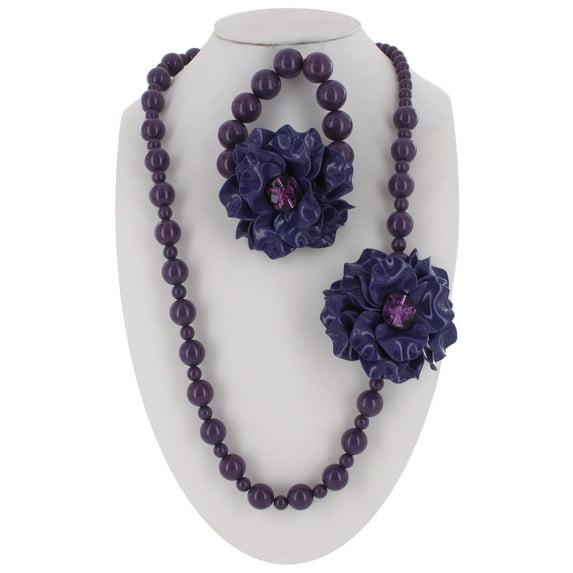 Purple Flower Lucite Rhinestone Beaded Necklace Bracelet Prom Bridesmaid Set Ladies Adult Female Women