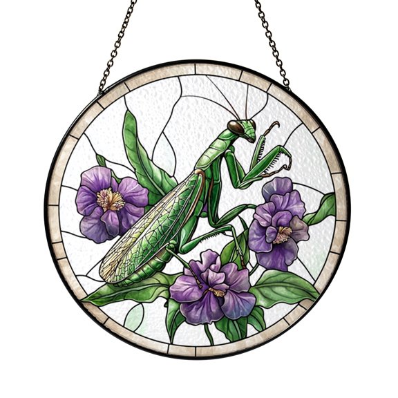 Purple Flower Mantis Glass Suncatcher Window Hanging, Detailed Insect Artwork, Eye Catching Home Accent