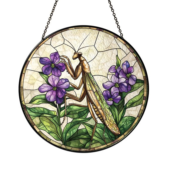 Purple Flower Mantis Glass Suncatcher Window Hanging, Detailed Insect Botanical Design, Creative Home Decor